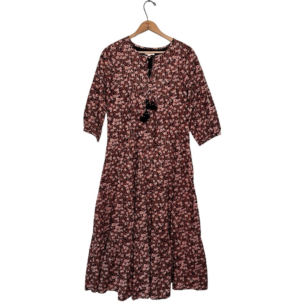 Pink Chicken | Floral Metallic Gold Stripe Tassel Neck Tiered Maxi Dress Size XS